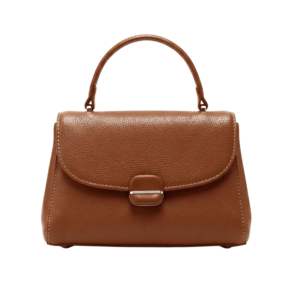 Elegant Cognac Brown Top Handle Satchel Bag with Flap Closure